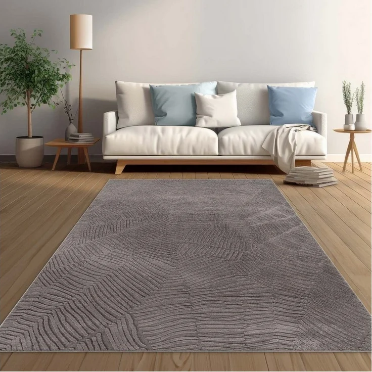 TaraCarpet Teppich Taipe-Pianta Hasenfell extra weich Hoch-Tief-Struktur, rechteckig, Höhe: 13 mm, Hasenfell Blätter grau Wohnzimmer Schlafzimmer Esszimmer 60X110 – Bild 1