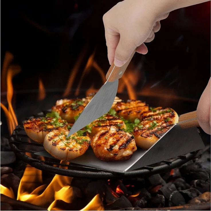 FOUORTUNATE-BEE Grillbesteck-Set 2er Grillspachtel Set Edelstahl Burger Spatel mit Holzgriff, Für Grillen BBQ Burger Steak Pfanne Camping Küche Zubehör Set – Bild 2