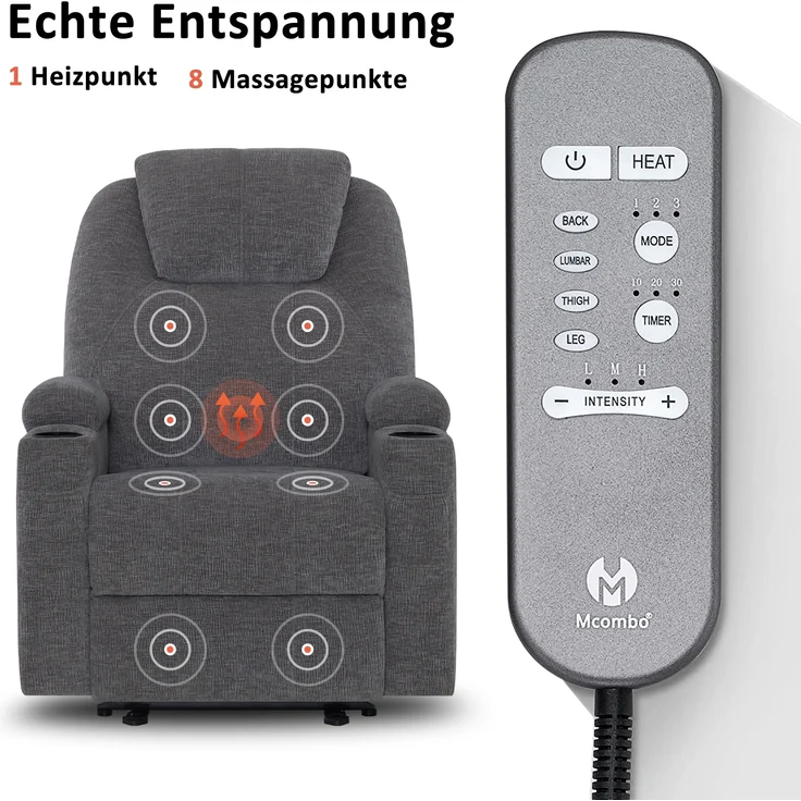 M MCombo Elektrisch Relaxsessel Massagesessel Fernsehsessel Liegefunktion Vibration Heizung 7061 neues Modell (Grau-Chenille) – Bild 5