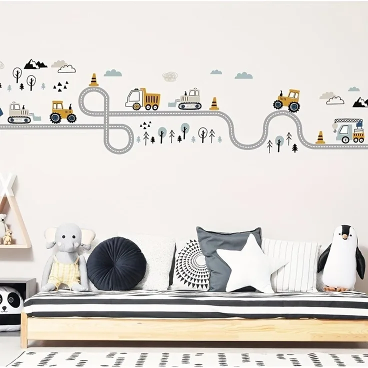Montegoni Wandsticker Selbstklebende Cartoon Auto und Baufahrzeug Wandaufkleber, 30 x 90cm Glänzende Vinylaufkleber für Kinderzimmer und Wohnzimmer
