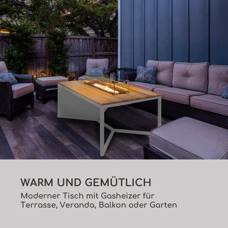 Tofino Gasheizer mit Tisch Metall Eichenholz Lavasteine 7 kW Weiß – Bild 3