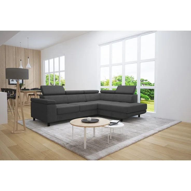 thematys Ecksofa LUNA L 250 x 183 cm, mit Schlaffunktion, mit Bettkasten, mit verstellbaren Kopfstützen, Grau (Poso 60), Ausrichtung Rechts
