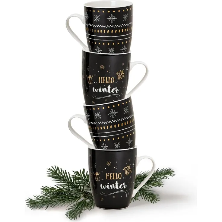 matches21 HOME & HOBBY Tasse Weihnachtstassen 4er Set Weihnachtsdeko mit Spruch Hello Winter, Porzellan, Tee Kaffee-Becher, Weihnachten, modern, schwarz goldfarben,340 ml