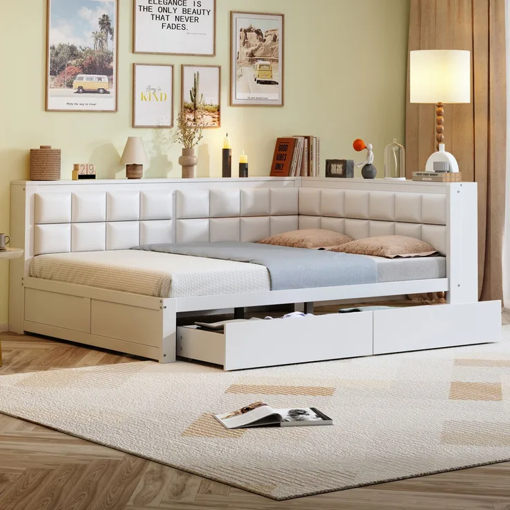 Sofa-Holzbett, 140 x 200, multifunktionales Bett mit weicher Rückenlehne, großer Stauraumschublade, Einzelbett, Jugendbett, Holzbett aus Kiefernholz, Holz, Weiß, 140 x 200 cm