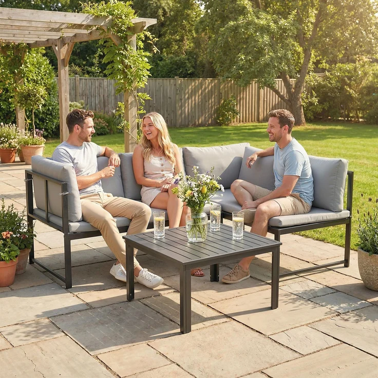 Wohnora-3-teiliges modulares Garten-Lounge-Set für 4 Personen mit verstellbaren Armlehnen und 16 cm dicken Kissen – Grau,H 64cm x T 177cm x B 115cm – Bild 4