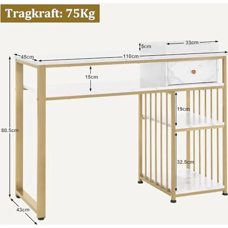 M MCombo Schreibtisch mit Schubladen, Nageltisch mit Regal, Manikürtisch aus Holz Metallgestell, Schminktisch ohne Spiegel Wohnzimmer Modern, Marmor-Weiß Gold, 2498 – Bild 4
