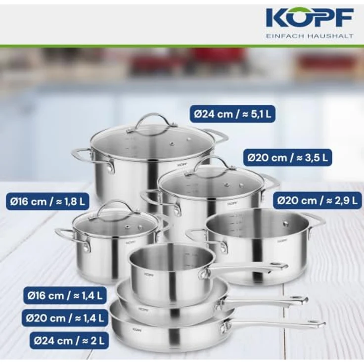 Kopf Topf-Set Clara, Edelstahl, 10-teilig mit 4 Kochtöpfen, Bratpfanne, Schmorpfanne, Stielkasserolle und 3 Glasdeckeln, für alle Herdarten inkl. Induktion, spülmaschinengeeignet und backofenfest – Bild 3