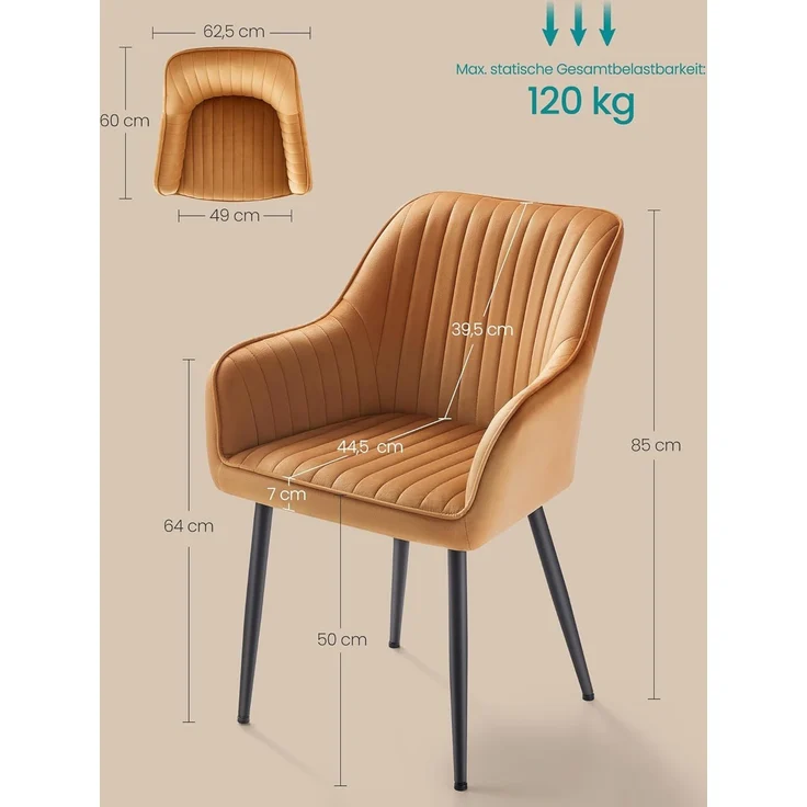 Songmics Esszimmerstuhl mit Armlehnen, 6er Set, Samt, 62,5 x 60 x 85 cm, Karamellbraun – Bild 3