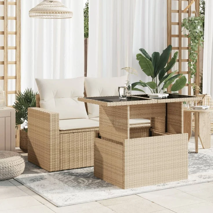 Gartentisch, Balkontisch mit Glasplatte Beige 100x55x73 cm Poly Rattan – Bild 3
