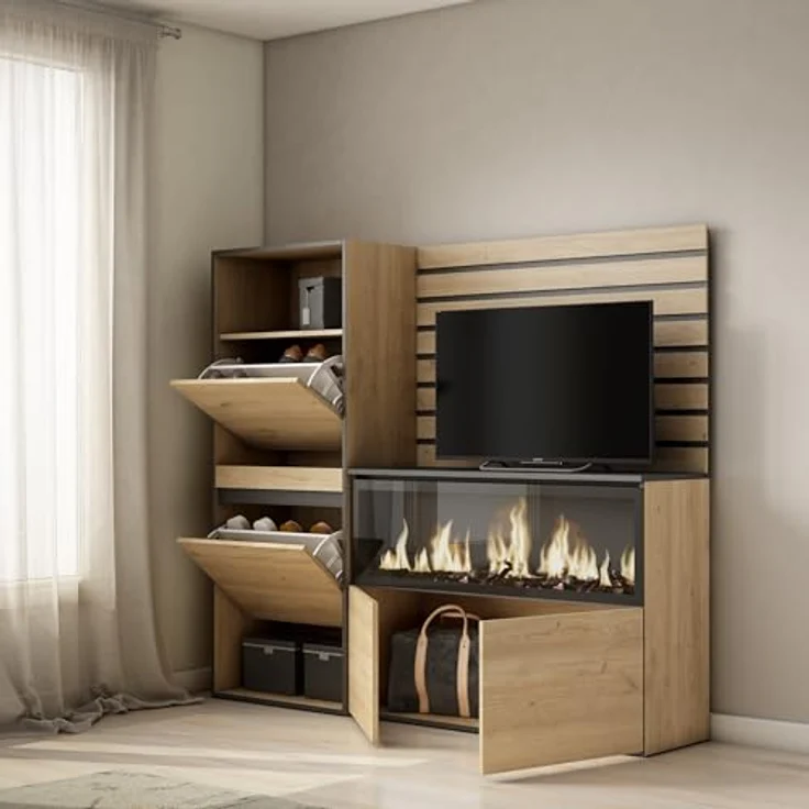 Skraut Home | Sideboard, Kommode | Aufbewahrungsschrank | 167x145x35 cm | Für Schlafzimmer, Zimmer | Elektrokamin XXL | Schuhschrank | Moderner Stil | Eiche – Bild 4