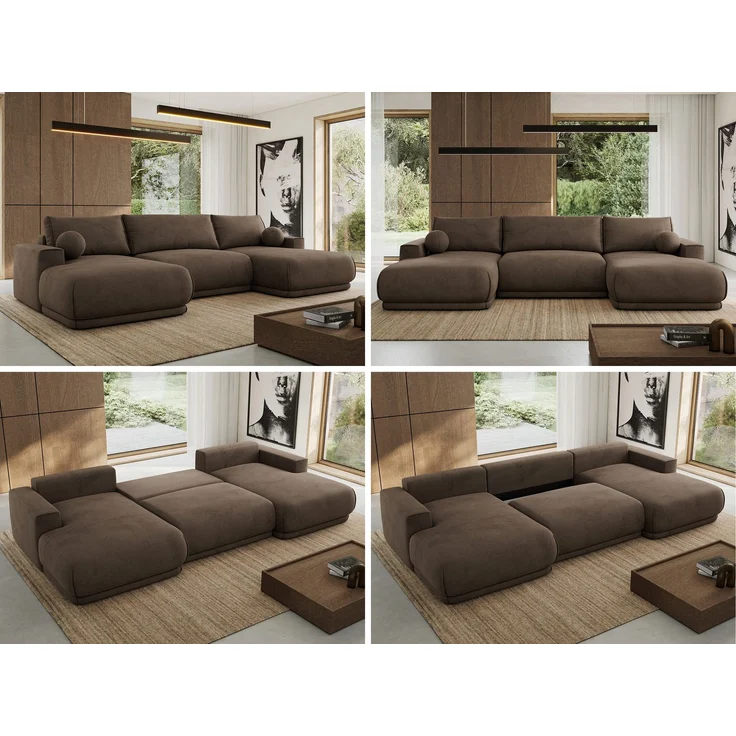 XXL Wohnlandschaft RINA U-Form 360 cm breit, Sofa mit Schlaffunktion & DL-Mechanismus, Wellenfederung, modern freistehend - Braun Velvet – Bild 2