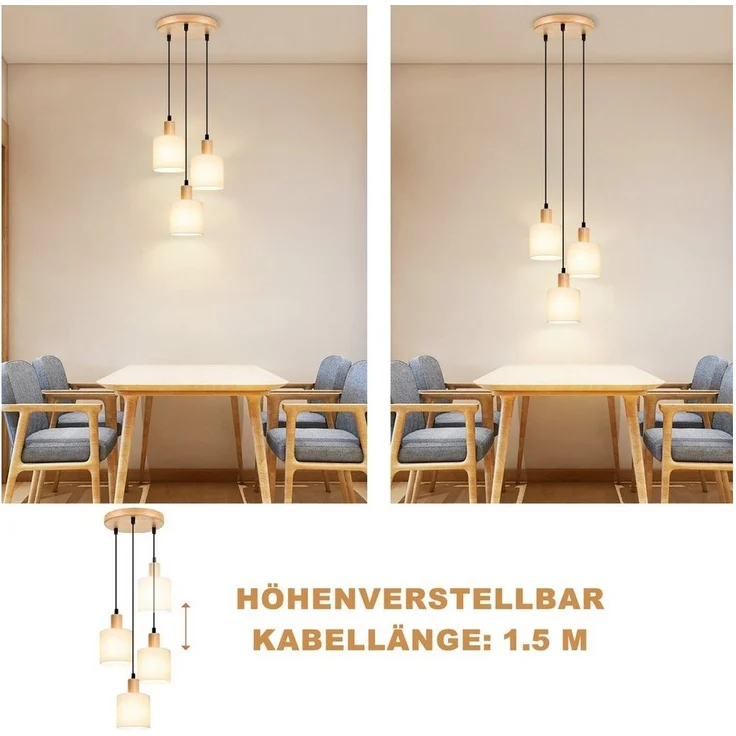 Nettlife Pendelleuchte Vintage Holz Stoff Weiß 1/3 Flammig E14 Rustikale Beleuchtung, Höhenverstellbar, LED wechselbar, Küche Wohnzimmer Restaurant Schlafzimmer Flur – Bild 3