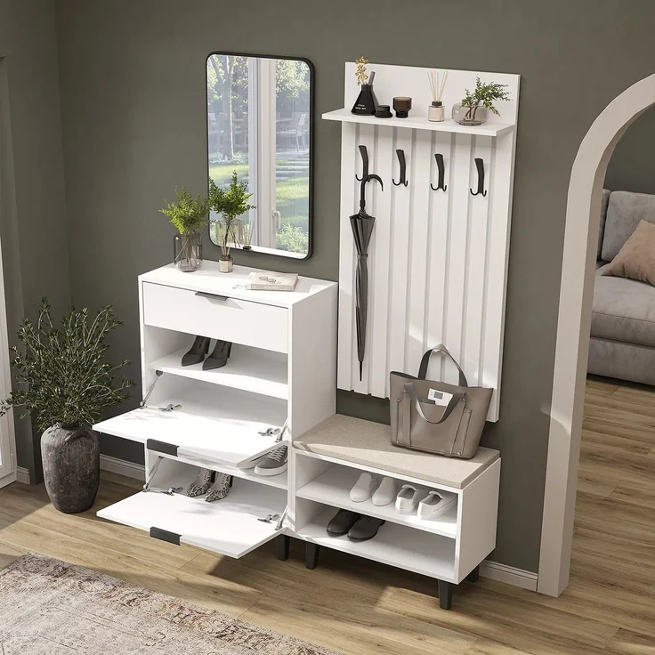 Roomart NORD Garderobenset 4-teilig – Schuhschrank, Sitzbank, Garderobenpaneel 130 cm & Spiegel – Flurgarderobe – H 112 x B 73.6 x T 35 cm (Schuhschrank) • Weiß – Bild 4