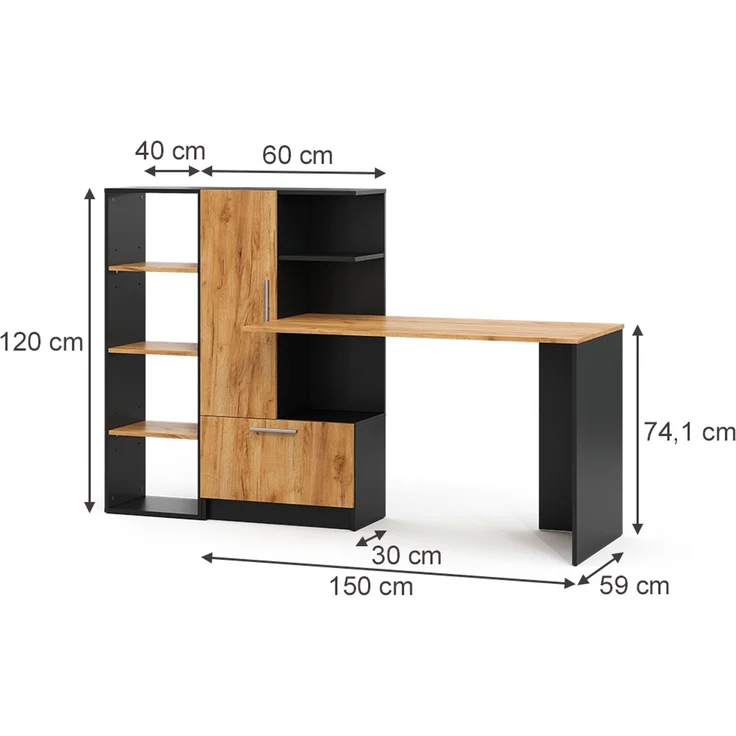 Schreibtisch Tomy Anthrazit/Goldkraft Eiche 150 x 59 cm 2er Set Vicco – Bild 2