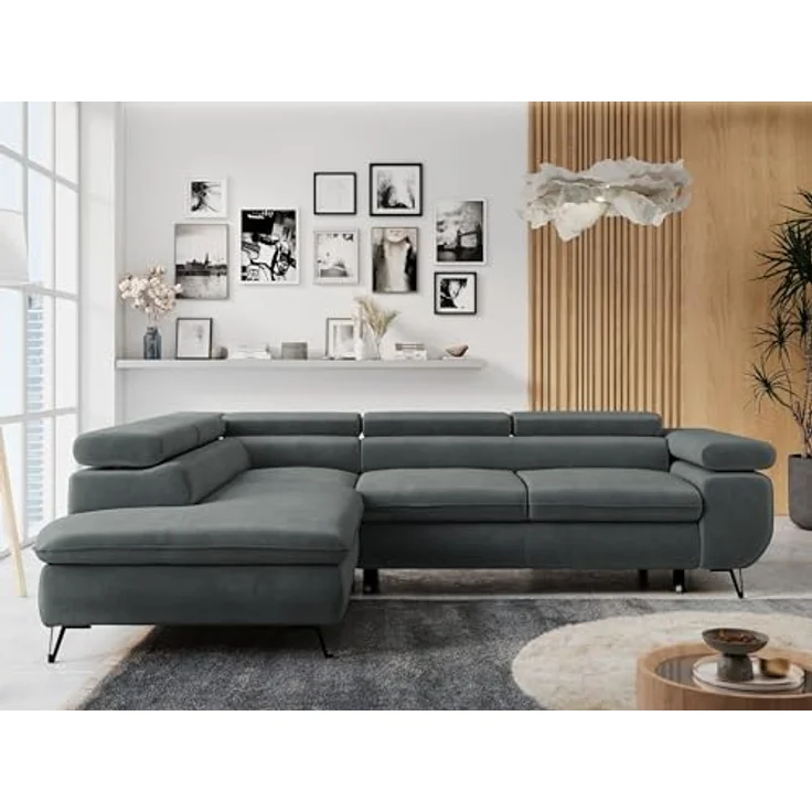 Mks Möbel 'Peter L-form' Ecksofa mit Bettfunktion, Bettkasten & einstellbaren Kopfstützen, Dunkelgrau, Mikrofaser, links – Bild 3