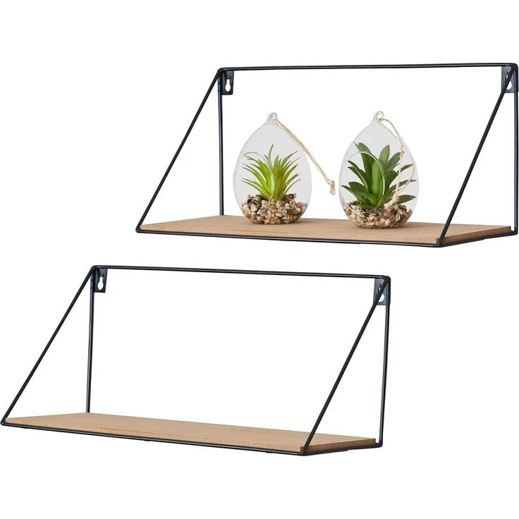 Levandeo® Wandregal, 2er Set Wandregal Regal 39x17cm Metall Schwarz Holz MDF Natur Modern
