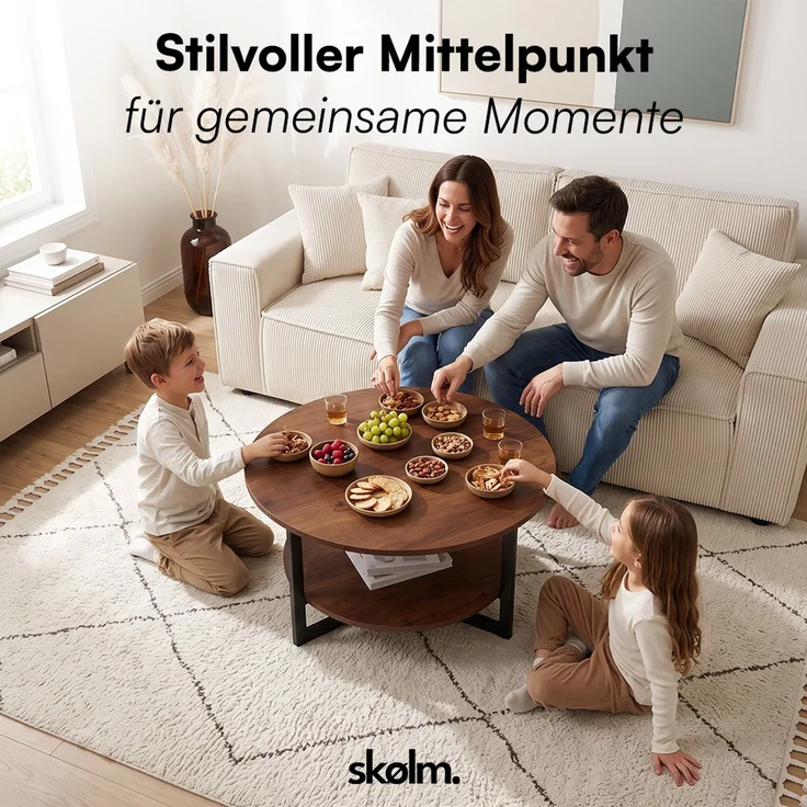 skølm 'Drakkar' Couchtisch rund, Massivholz Eiche, lackiert, Walnussoptik, Wohnzimmertisch Ø70 cm mit Metallgestell, Beistelltisch für Wohnzimmer mit Ablage – Bild 9