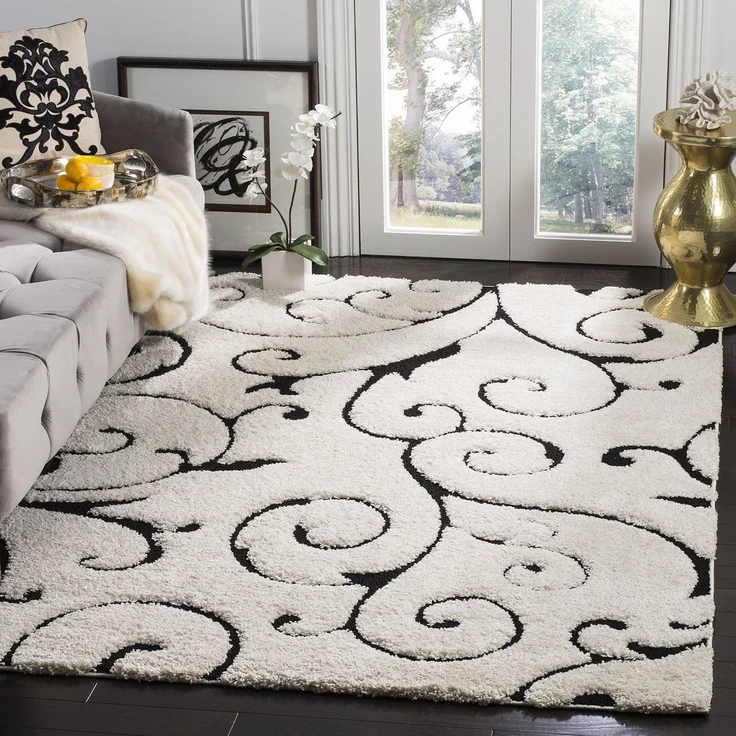SAFAVIEH Zottelig Teppich für Wohnzimmer, Esszimmer, Schlafzimmer - Florida Shag Collection, Hoher Flor, Elfenbein und Schwarz, 160 X 229 cm