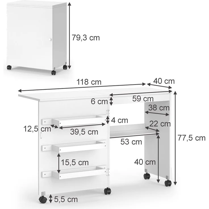 Nähtisch Carmen Weiß 118 x 77.5 cm mit 3 Regalen Vicco – Bild 3
