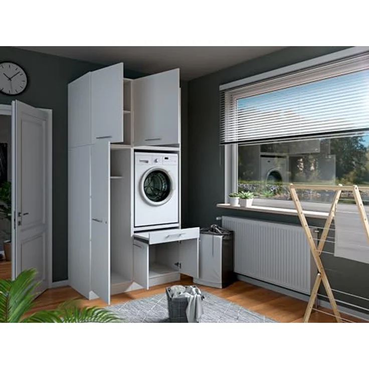 Laundreezy Waschraum Komplett-Set, Weiß - Modulares Schranksystem für Waschküche & Hauswirtschaftsraum - 118 x 238 x 68 cm (B/H/T) – Bild 4