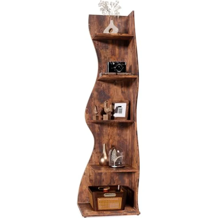 LITTLE TREE Bücherregal Ecke, Modernes Regal Schmal mit 6 Ebenen, 50 x 48 x 179 cm Bücherregal Holz, Standregal mit Wellen-Design für Kleine Räume, Wohnzimmer & Schlafzimmer, Rustikal, 2er Pack – Bild 6