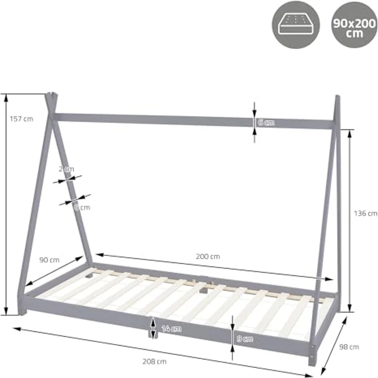 ML-DESIGN Spielbett Hausbett Tipi Zeltbett inkl. Lattenrost Bodenbett Kinder Himmelbett, Abenteuerbett zum Spielen Zelt Kinderbett Kiefer Bettenhaus Bett Grau – Bild 3
