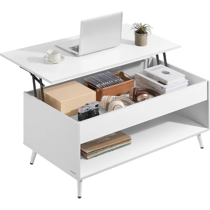 VASAGLE Couchtisch, höhenverstellbarer Wohnzimmertisch, Kaffeetisch, Gaszylinder, verstecktes Fach, offenes Fach, für Wohnzimmer, Homeoffice, schneeweiß-mattweiß LCT267WE01