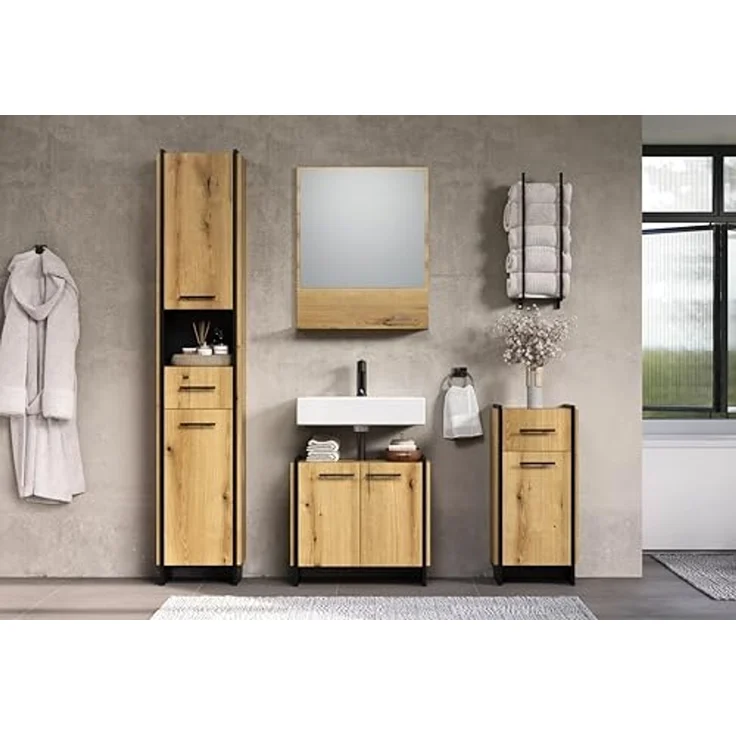 trendteam smart living - Safiya - Kommode - Eiche/Schwarz - Standschrank mit 1 Tür (Türanschlag Links/rechts) 1 Einlegeboden und 1 Schublade - (BxHxT) 37 x 79 x 31 cm - Schubkasten-Vollauszug – Bild 5