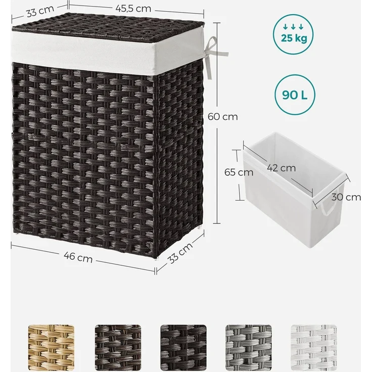 Songmics Wäschekorb handgeflochten, Rattan Schwarz, 90L 46 x 33 x 60 cm – Bild 5