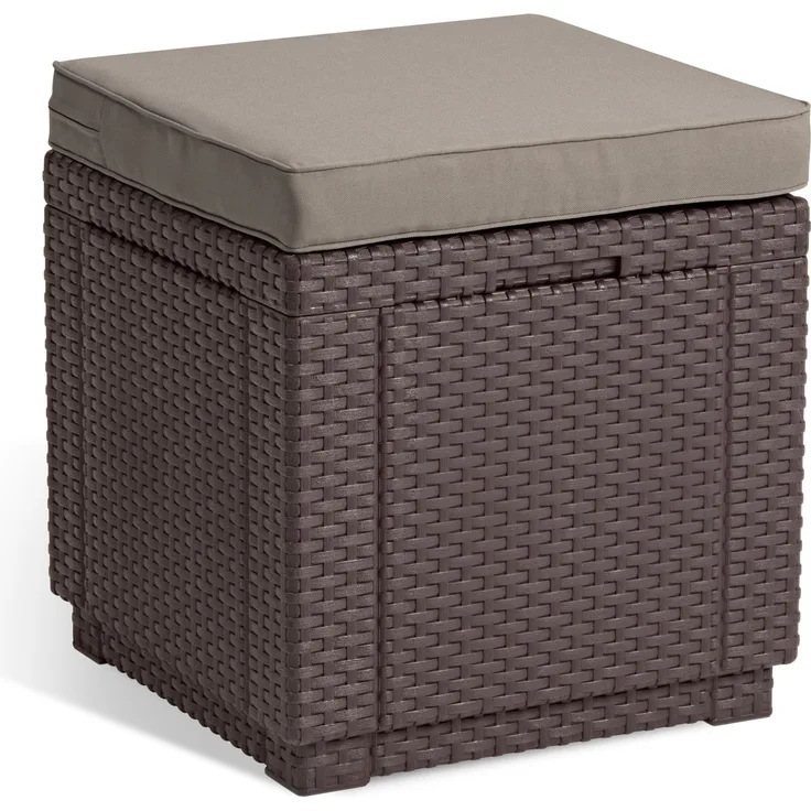 Allibert Hocker Cube braun, mit Stauraum, inkl. Kissen, Deckel abnehmbar - Rattanoptik, Garten