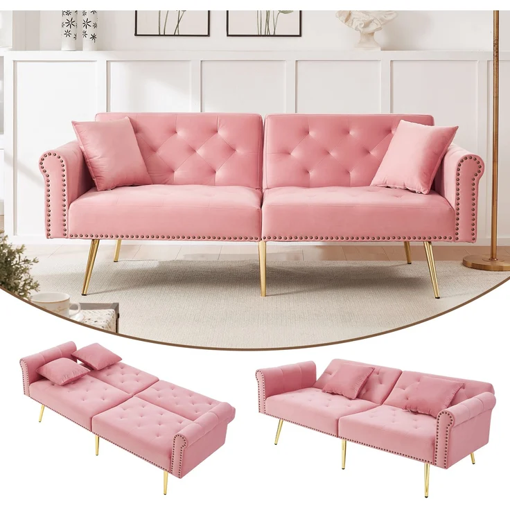 Schlafsofa in Rosa mit verstellbarer,vergoldete Metallfüße, 3 Stufen Rückenlehne, 2 flauschige Sofakissen, versteckter Stauraum – Bild 4