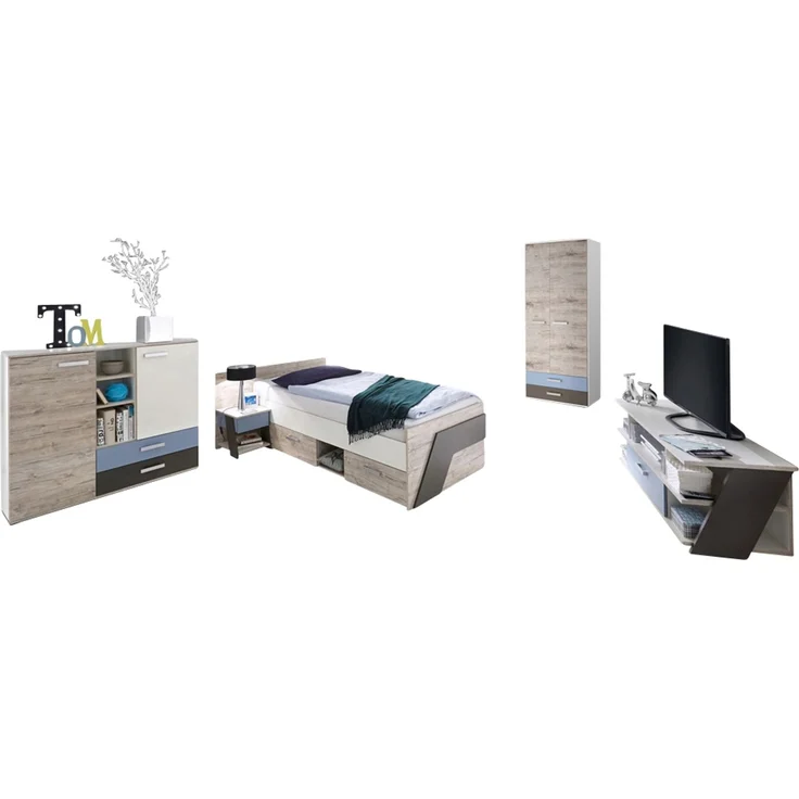 Jugendzimmer Set mit Bett 90x200 cm mit Kleiderschrank LEEDS-10 in Sandeiche Nachbildung mit weiß, Lava und Denim Blau – Bild 3