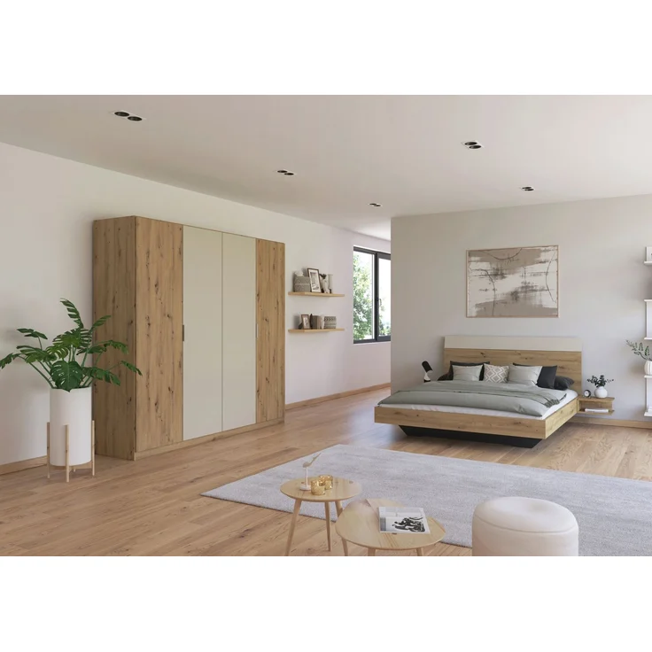 Schlafzimmer Monza Beige mit Drehtürenschrank mit oder ohne Spiegel im Dekor Eiche Artisan und Beige – in verschiedenen Varianten wählbar - 4 teilig , Kleiderschrank ohne Spiegel + Bett 160x200cm + 2 Nachttisch