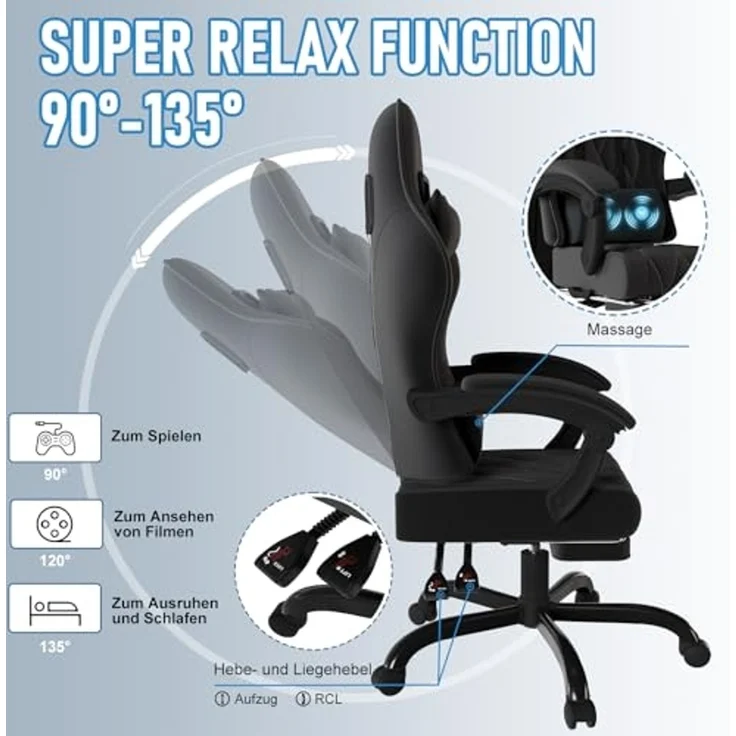 JUMMICO Gaming Stuhl Stoff mit Federpolsterung, Ergonomischer Bürostuhl mit Massager. Gaming Chair mit Kopfstütze, Fußstütze, Höhenverstellbar. Gamer Stuhl 150 kg belastbarkeit, Schwarz – Bild 5