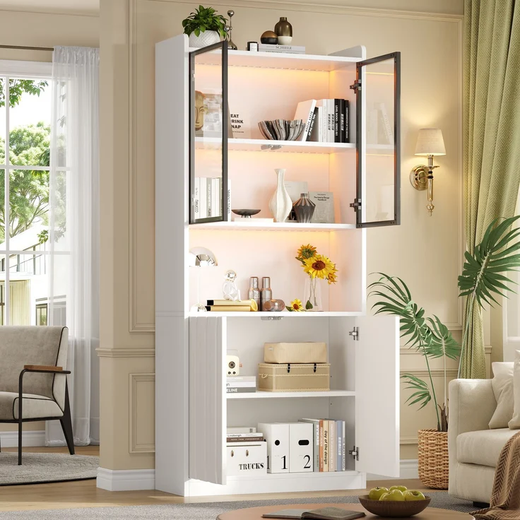 80x35x200cm LED Vitrine, Hochschrank mit Glasschranktüren, Hochschrank Glasvitrine mit LED und Offene Partition,Wohnzimmerschrank mit Glastüren, Küche, Arbeitszimmer, Eingangsbereich,Weiß – Bild 3