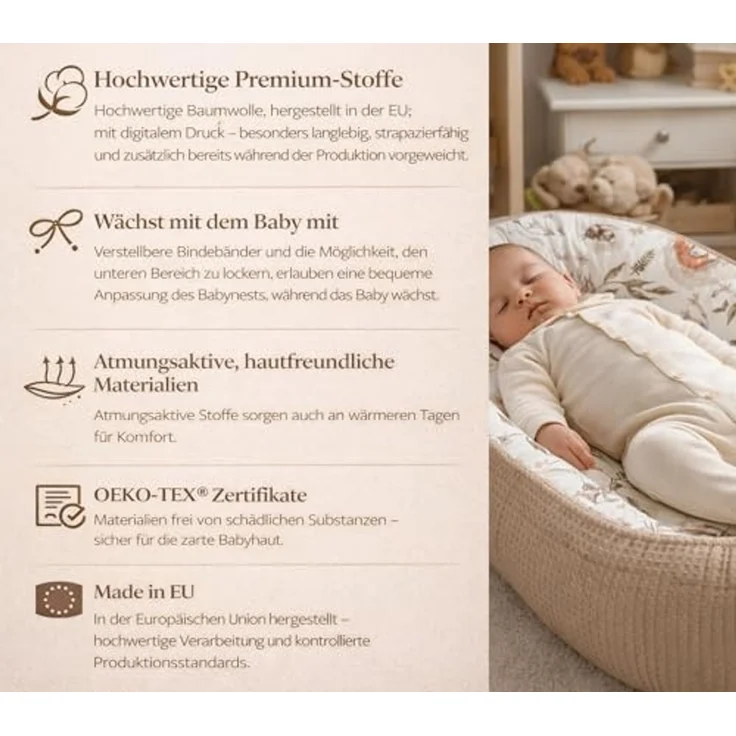 Babynestchen Neugeborene – Nestchen Baby aus Waffel Baumwolle & Baumwollstoff – Babynest für Babybett & Kinderbett – Baby Kokon Tragbar – OEKO-TEX – Zubehör für Babybett - Schlafende Tiere und Braun – Bild 3