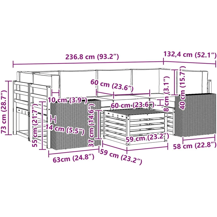 vidaXL Outdoor-Sofagarnitur mit Kissen 7 pcs Natürlich und Hellgrau 3384092 – Bild 7