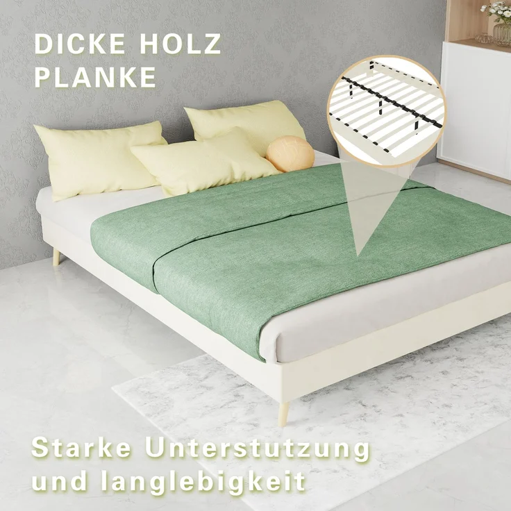 Novelux Bettgestell 140x200 Beige – Modernes Plattformbett aus Samt, Holzrahmen, Ohne Kopfteil, Low-Profile Design – Bild 4