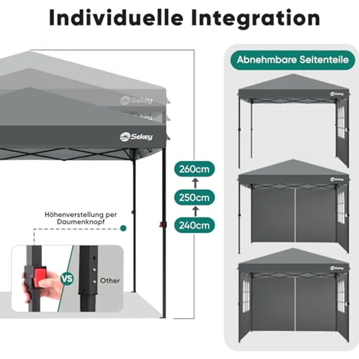 Sekey Pavillon 3x3 mit 4 Seitenteile, Faltpavillon Wasserdicht Stabil Winterfest, Pop Up Pavillon Faltbar für Camping, Festival, Events, Picknicks, Partyzelt Gartenzelt mit 4 Sandsäcke, Grau – Bild 7