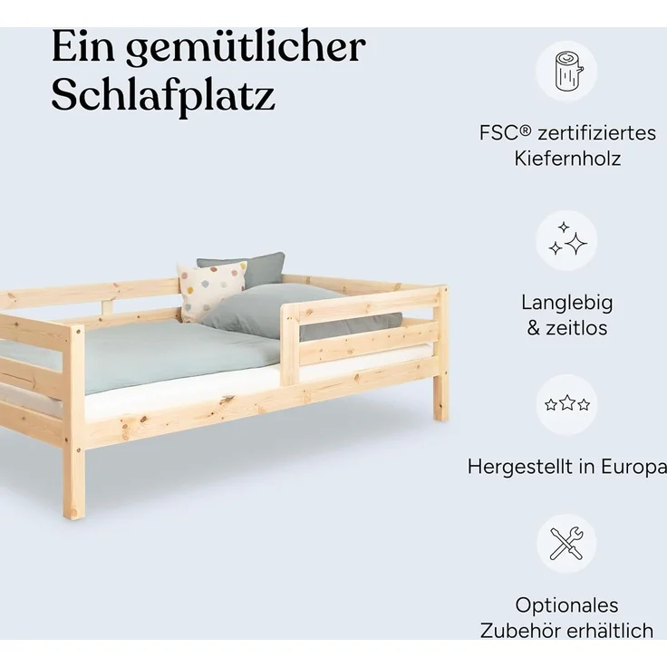 Ehrenkind Kinderbett aus massivem Kiefernholz mit Rausfallschutz in Natur und Weiß (Jugendbett in weiß, Kinder Bett), Kinderbett 120x200 cm – Bild 4