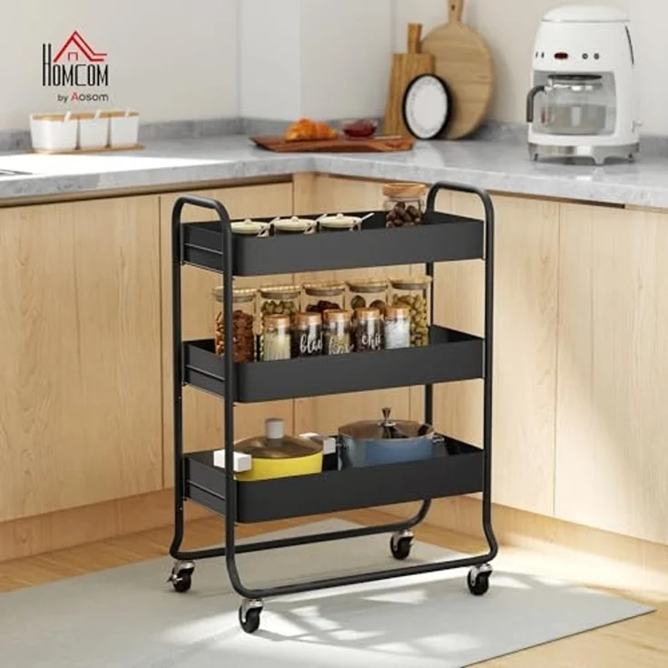 HOMCOM Küchenwagen mit 3 Ebenen, Körbe, Griff, (Servierwagen, 1 St, Rollwagen), für Küche Bad Büro Wohnzimmer Schwarz – Bild 2