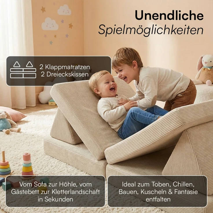 Bellabino 'Nile' Spielsofa mini, 4-tlg, Cord, beige, faltbare Kindercouch, abnehmbarer & waschbarer Bezug, Kleinkindsofa aus Schaumstoff, bis 6 Jahre, Oeko-Tex zertifiziert – Bild 3