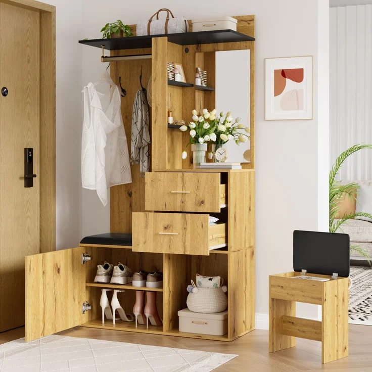 Garderobenschrank 100x40x172,5 cm mit Sitzbank, Schuhfach, Spiegel und App-LED – Bild 4