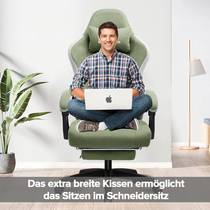 GTPLAYER Gaming Stuhl Ergonomischer Gaming Sessel Schreibtischstuhl mit Stoffoberfläche, Federsitzkissen, Verbindungsarmlehnen und Fußstütze grün – Bild 2