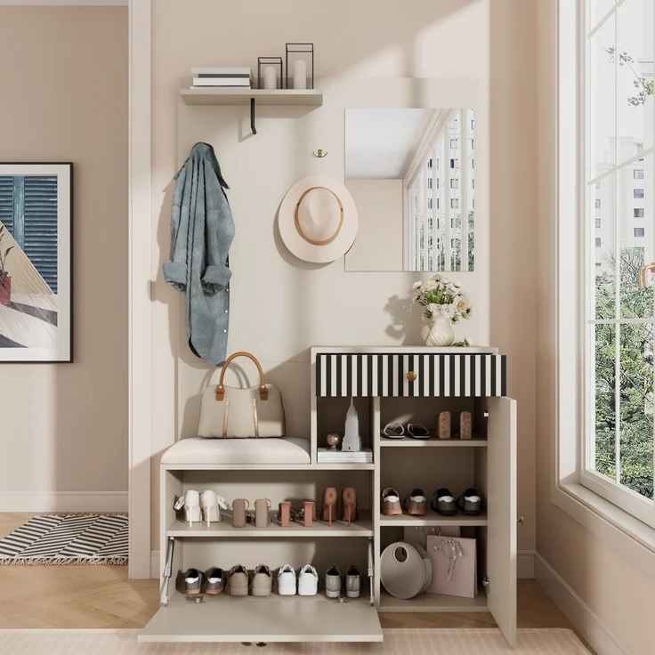 Merax Garderobenset, Kompaktgarderobe, Flurgarderobe mit Spiegel und Polsterkissen, Flurschrank, Wohnwand, Regal, Flur- und Dielengarderobenpaneele, Schuhschrank, Beige – Bild 1