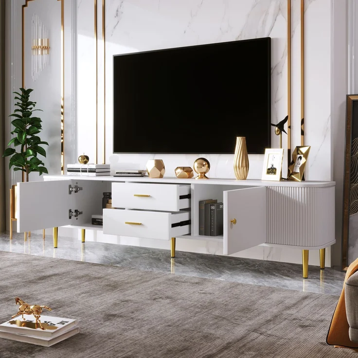 TV-Schrank Weiß mit Goldgriffen 170 x 34 x 45 cm Moderner Lowboard TV-Möbe,mit 2 Türen und 2 Schubladen – Bild 5