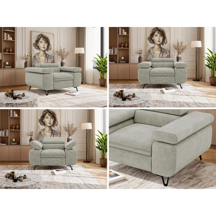Einzelsessel, Polstersessel PETER mit verstellbaren Armlehnen und Kopfstütze, 1-Sitzer Sofa, Ohrensessel, Wellenfeder - Hellgrau Stukture – Bild 2