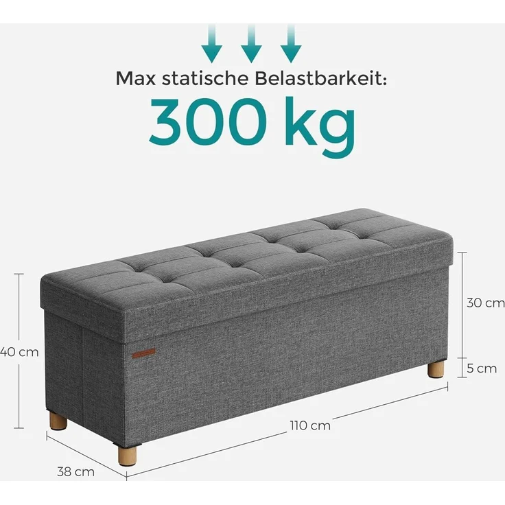 Songmics Sitzbank mit Stauraum, Schuhbank, klappbare Sitztruhe, Aufbewahrungsbox, Fußbank, 38 x 110 x 40 cm, für Wohnzimmer, Schlafzimmer, dunkelgrau – Bild 3