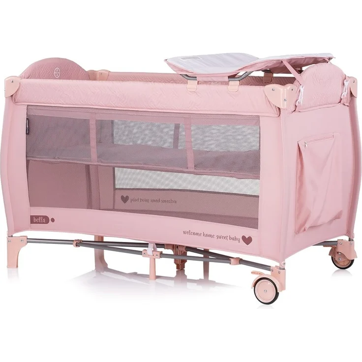 Chipolino Reisebett Bella 2 Ebenen seitlicher Eingang Musikmobile Wickelauflage pink – Bild 2