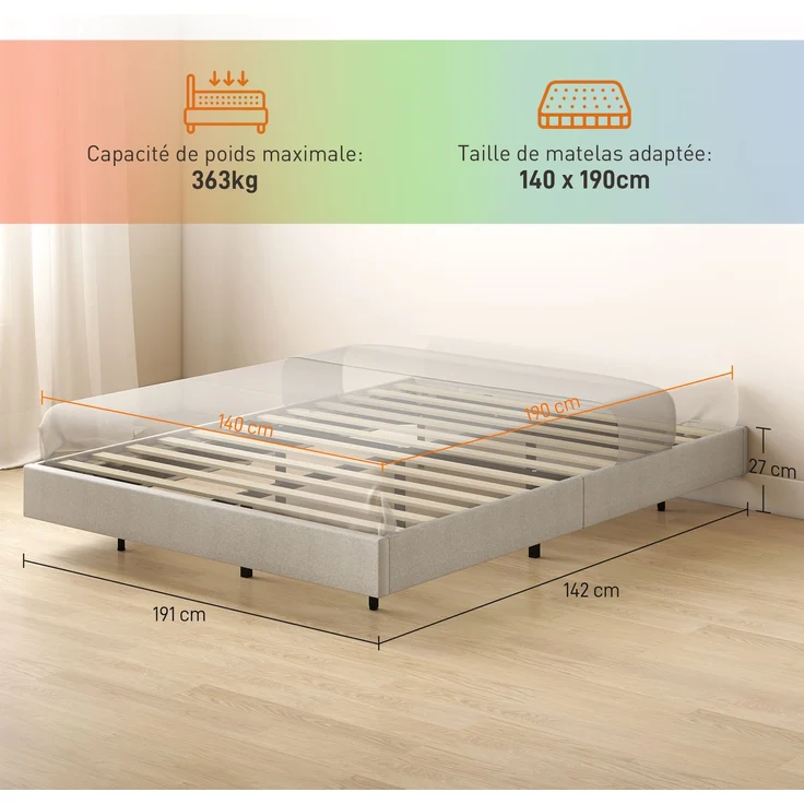 Rayofly-Schwebendes Bettgestell 140x190 cm mit LED Beleuchtung, Leinenbezug Doppelbett, Holzlattenrost, Beige, H 270cm x T 1910cm x B 1420cm – Bild 4